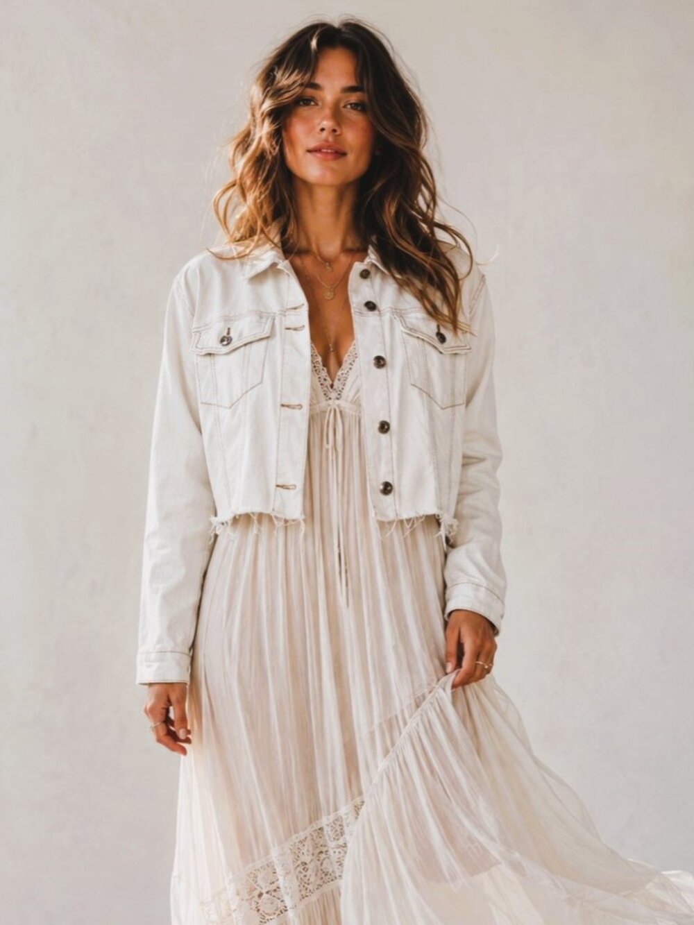 GOGO JEANS USA Sz XL Cropped Raw-Edge Cut-Off Cream Demin Jacket